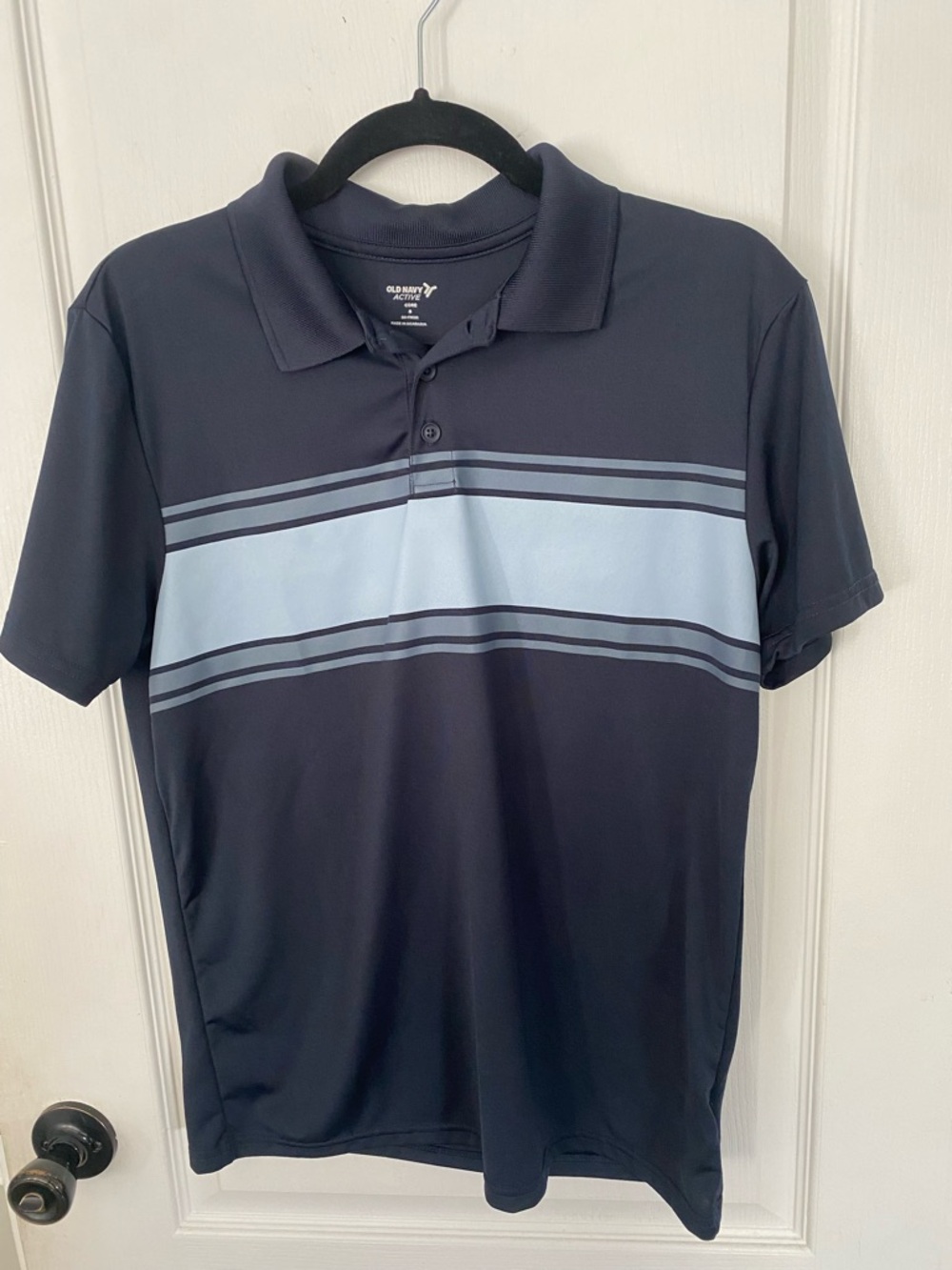 Old Navy Men's Navy Polo with Light Blue and Gray Stripes